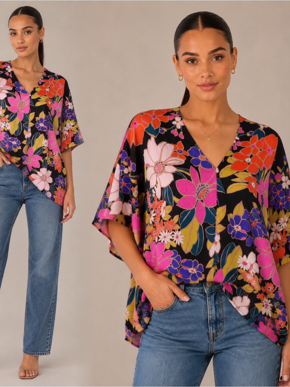 JODIFL Black Floral V-Neck Tunic with Pink, Orange & Purple Blooms